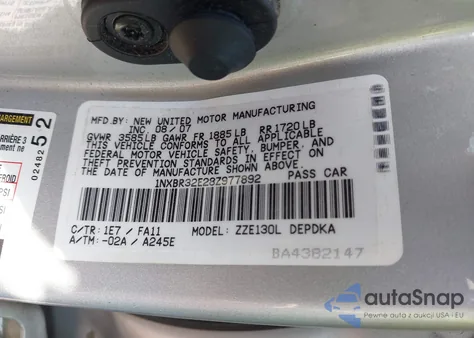 2008 Toyota Corolla Ce z USA, uszkodzony, nr VIN 1NXBR32E28Z977892